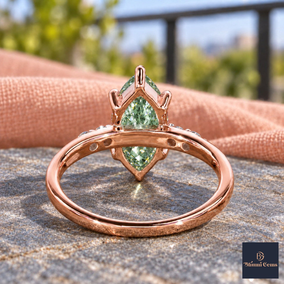 Green Marquise Cut Lab Grown Diamond Engagement Ring - Round Accents in rose gold, gallery view
