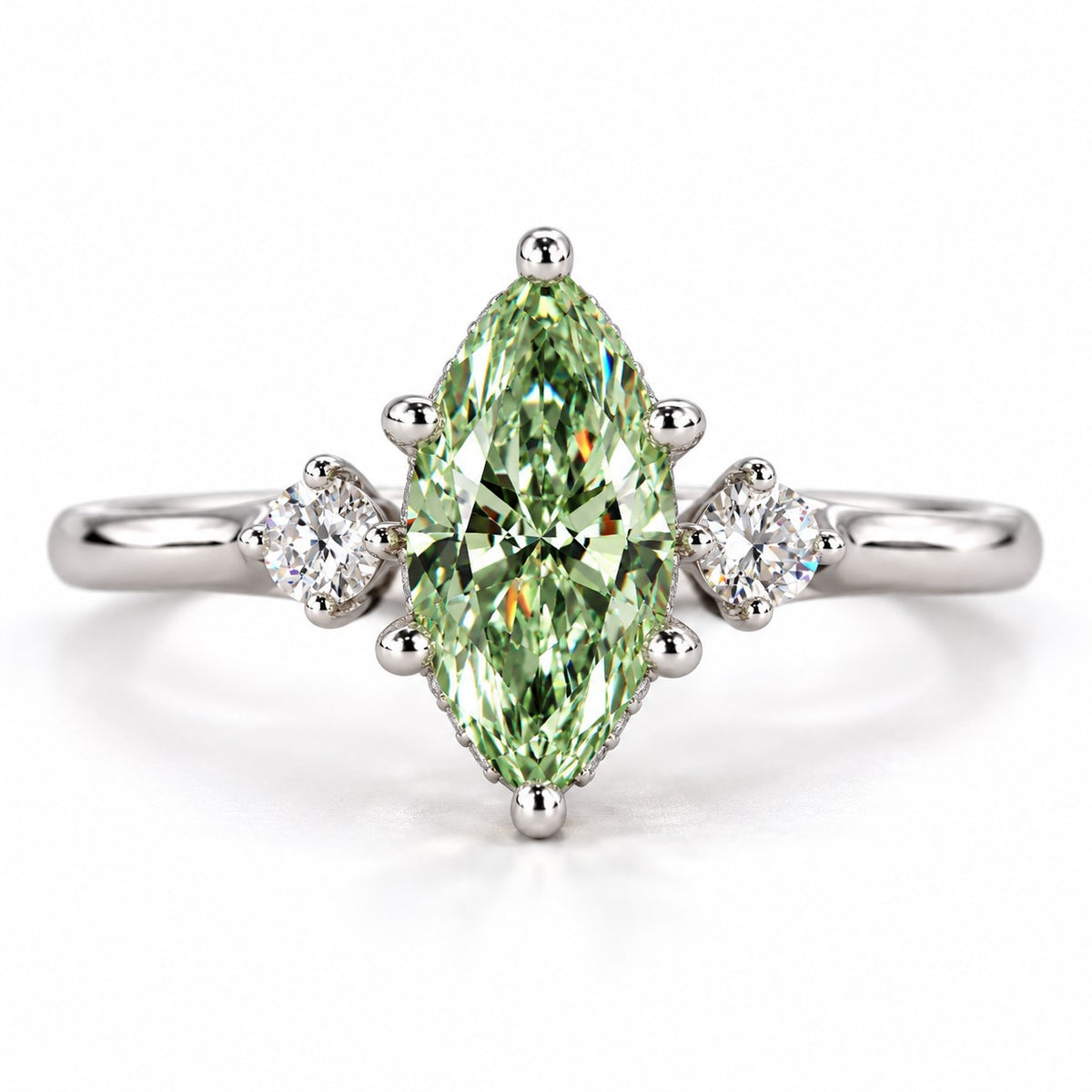 Green Marquise Cut Lab Grown Diamond Engagement Ring - Three Stone in white gold, front view