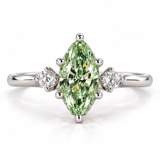 Green Marquise Cut Lab Grown Diamond Engagement Ring - Three Stone in white gold, front view