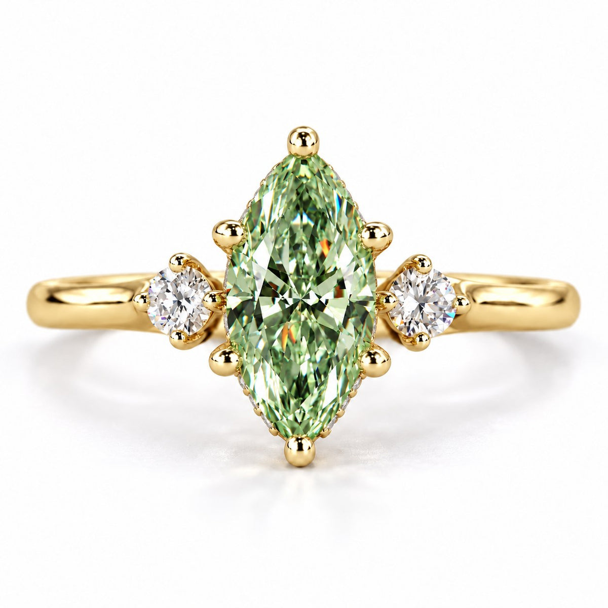 Green Marquise Cut Lab Grown Diamond Engagement Ring - Three Stone in yellow gold, front view