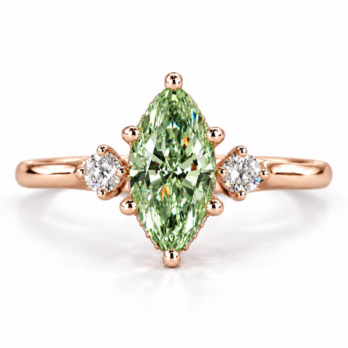 Green Marquise Cut Lab Grown Diamond Engagement Ring - Three Stone in rose gold, front view