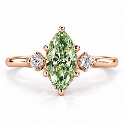 Green Marquise Cut Lab Grown Diamond Engagement Ring - Three Stone in rose gold, front view
