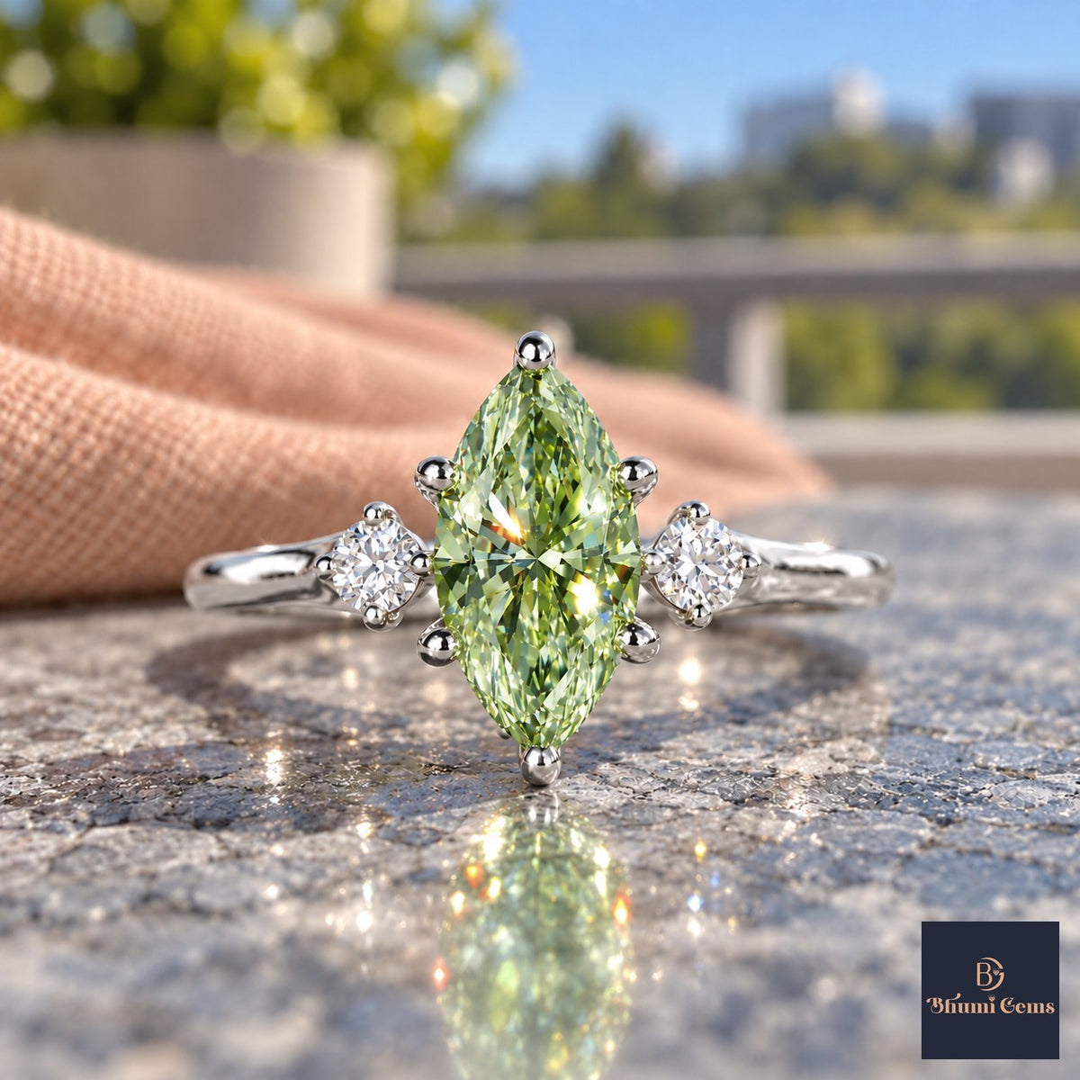 Green Marquise Cut Lab Grown Diamond Engagement Ring - Three Stone in white gold, close-up