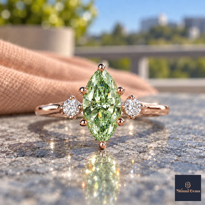 Green Marquise Cut Lab Grown Diamond Engagement Ring - Three Stone in rose gold, close-up