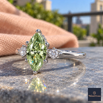 Green Marquise Cut Lab Grown Diamond Engagement Ring - Three Stone in white gold, side view