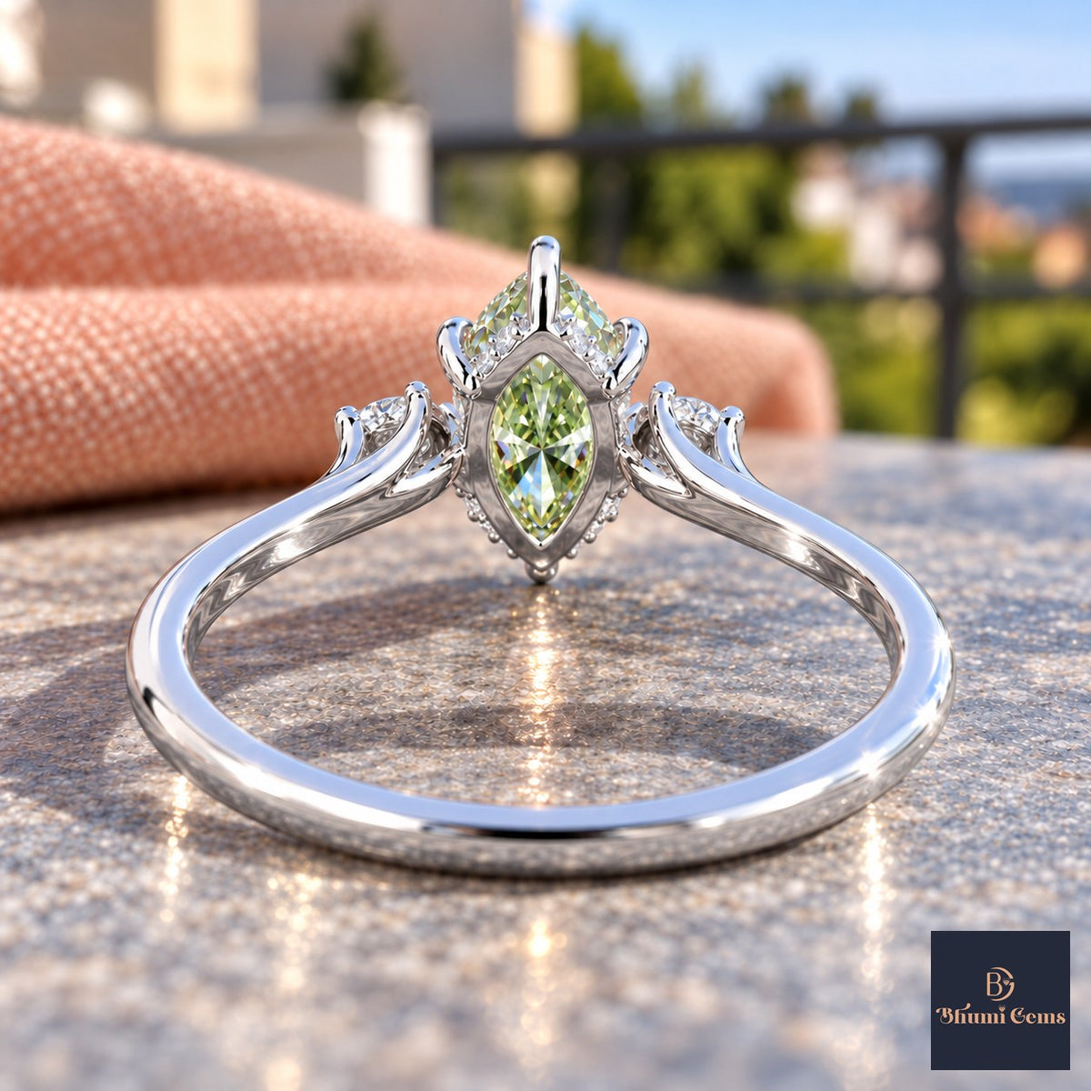 Green Marquise Cut Lab Grown Diamond Engagement Ring - Three Stone in white gold, gallery view