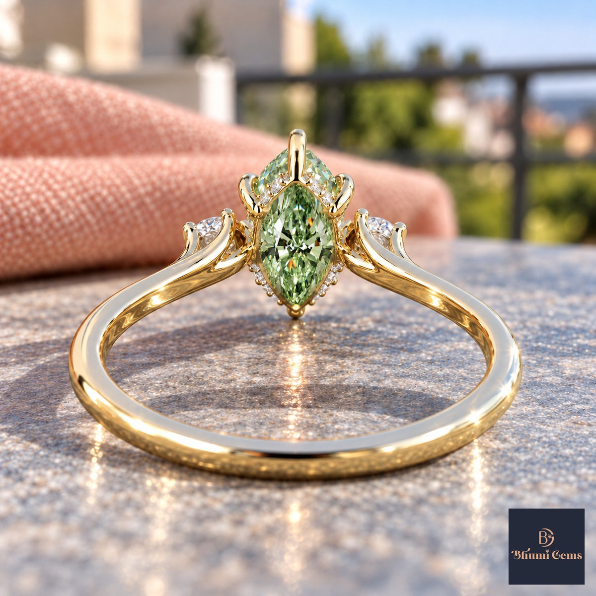 Green Marquise Cut Lab Grown Diamond Engagement Ring - Three Stone in yellow gold, gallery view
