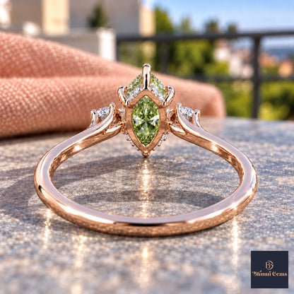 Green Marquise Cut Lab Grown Diamond Engagement Ring - Three Stone in rose gold, gallery view