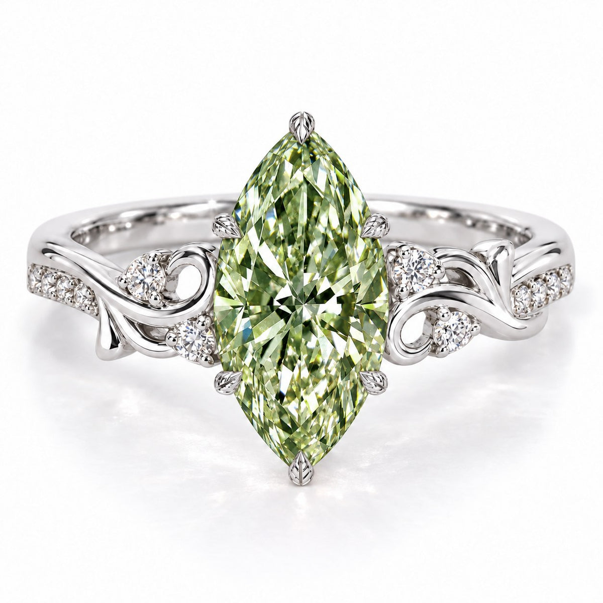 Green Marquise Cut Lab Grown Diamond Engagement Ring - Vintage Scroll in white gold, front view
