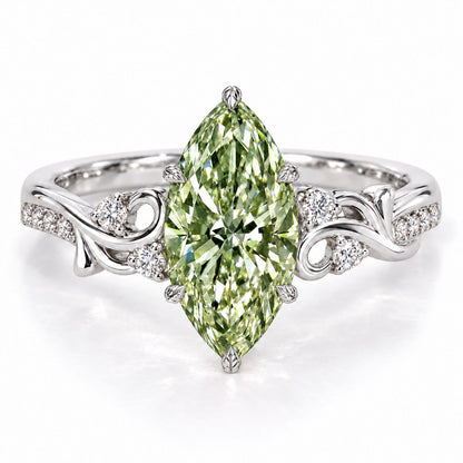 Green Marquise Cut Lab Grown Diamond Engagement Ring - Vintage Scroll in white gold, front view