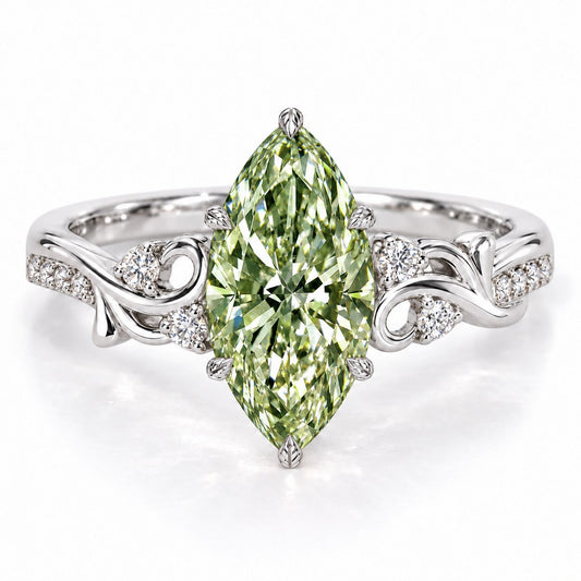 Green Marquise Cut Lab Grown Diamond Engagement Ring - Vintage Scroll in white gold, front view