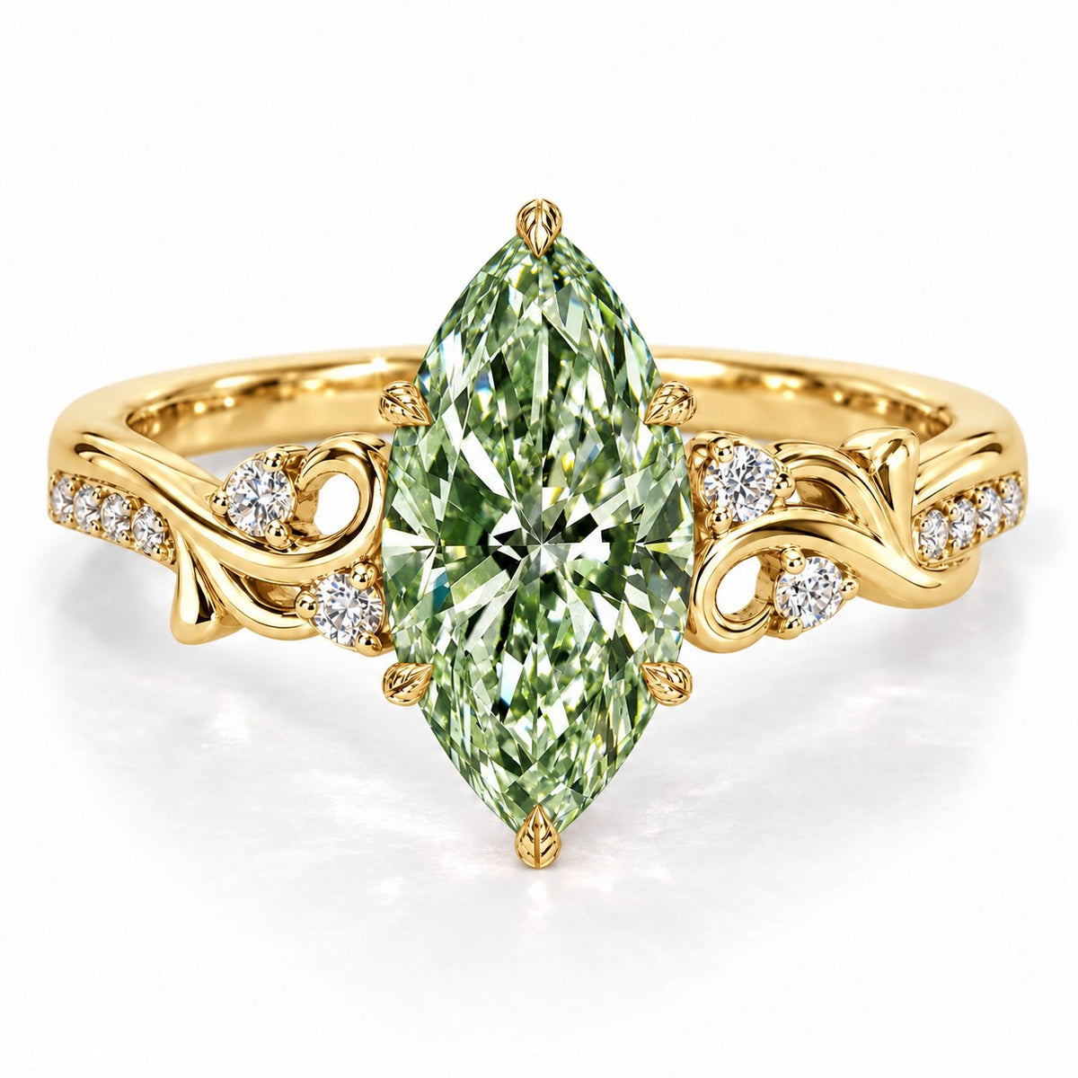 Green Marquise Cut Lab Grown Diamond Engagement Ring - Vintage Scroll in yellow gold, front view