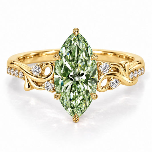 Green Marquise Cut Lab Grown Diamond Engagement Ring - Vintage Scroll in yellow gold, front view