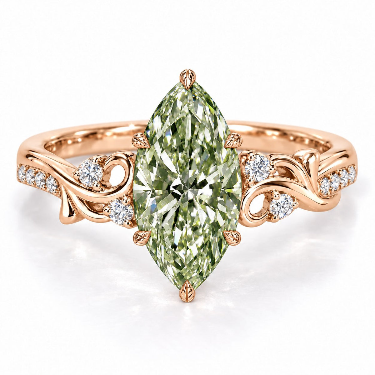 Green Marquise Cut Lab Grown Diamond Engagement Ring - Vintage Scroll in rose gold, front view