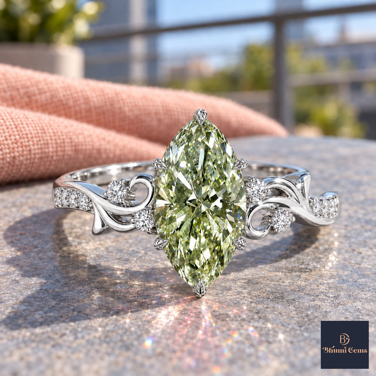 Green Marquise Cut Lab Grown Diamond Engagement Ring - Vintage Scroll in white gold, close-up