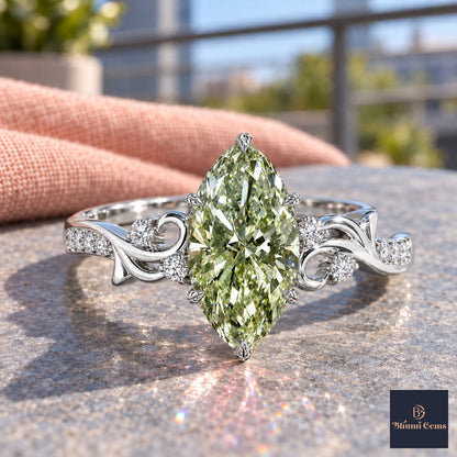 Green Marquise Cut Lab Grown Diamond Engagement Ring - Vintage Scroll in white gold, close-up