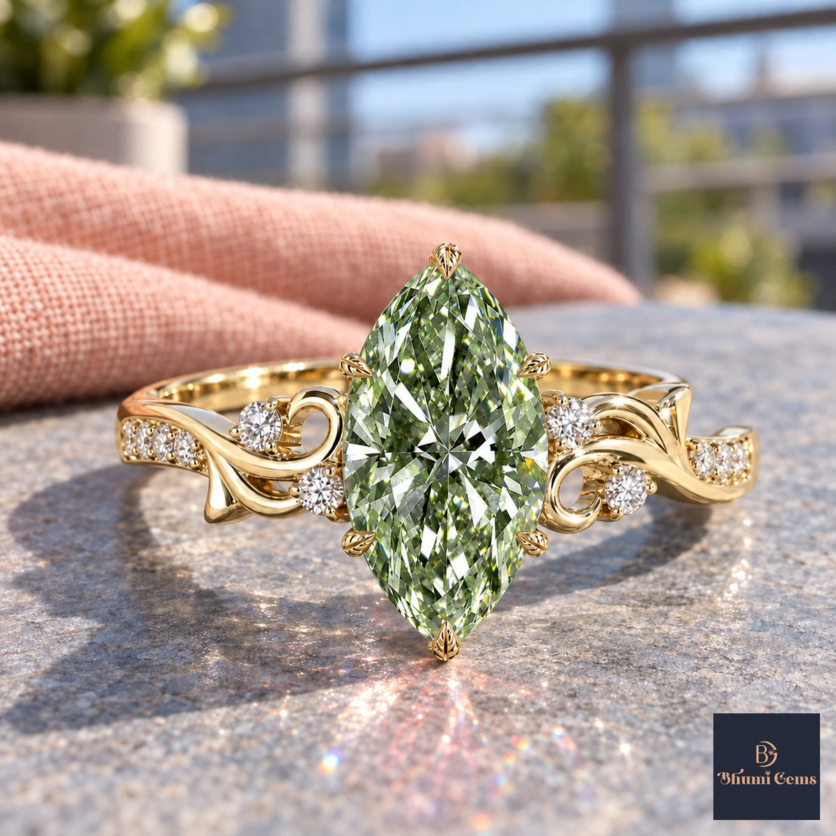 Green Marquise Cut Lab Grown Diamond Engagement Ring - Vintage Scroll in yellow gold, close-up