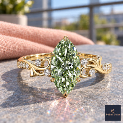 Green Marquise Cut Lab Grown Diamond Engagement Ring - Vintage Scroll in yellow gold, close-up