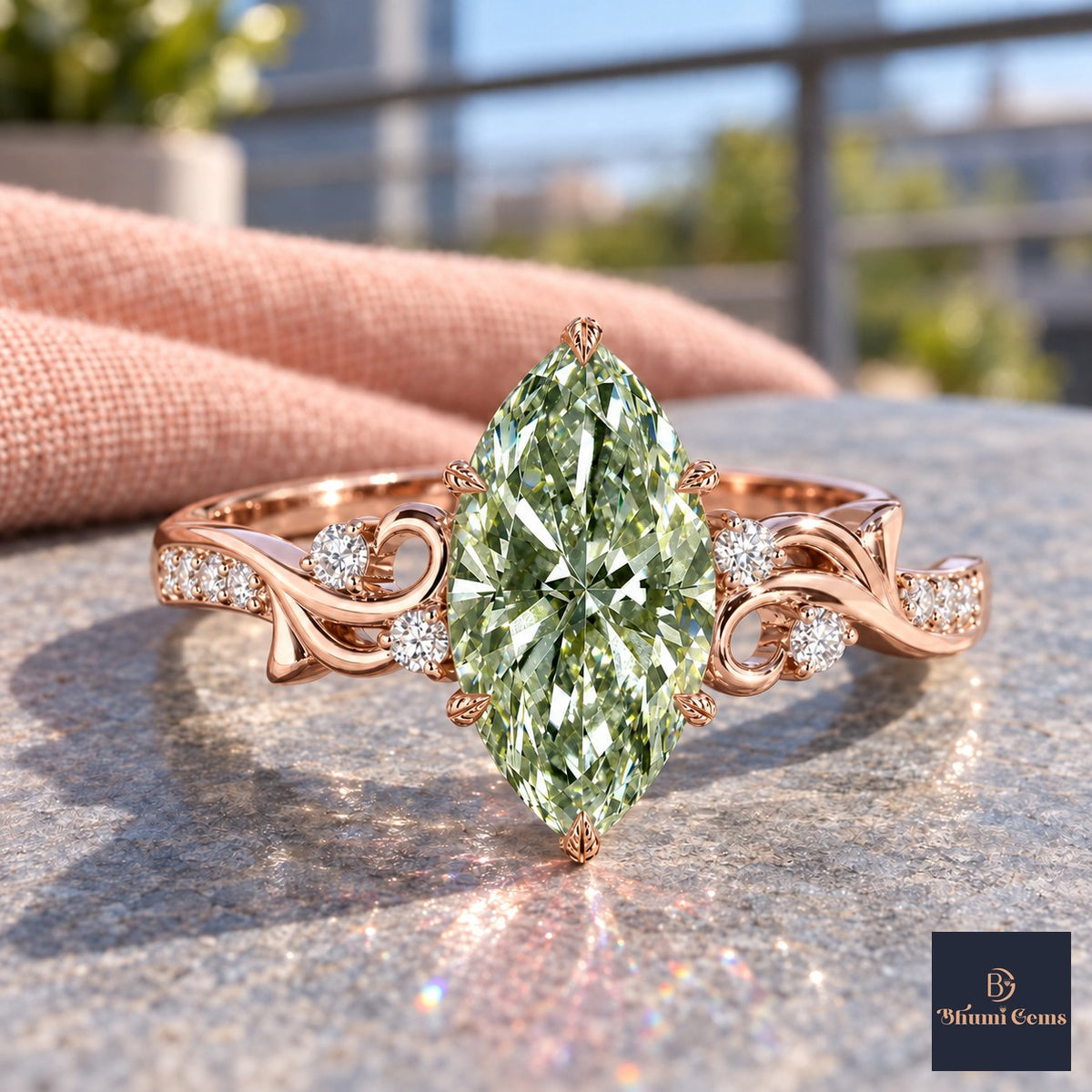 Green Marquise Cut Lab Grown Diamond Engagement Ring - Vintage Scroll in rose gold, close-up