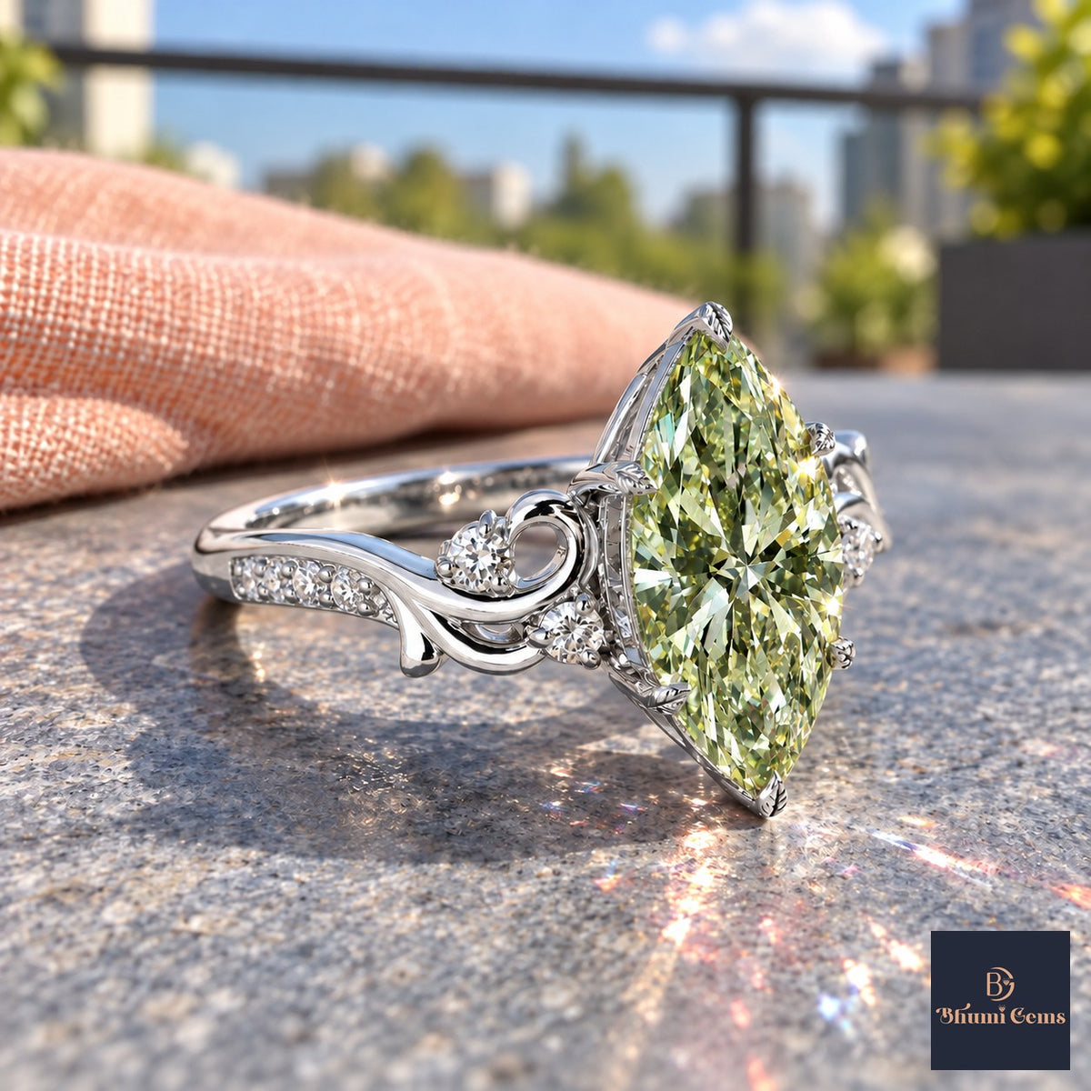 Green Marquise Cut Lab Grown Diamond Engagement Ring - Vintage Scroll in white gold, side view