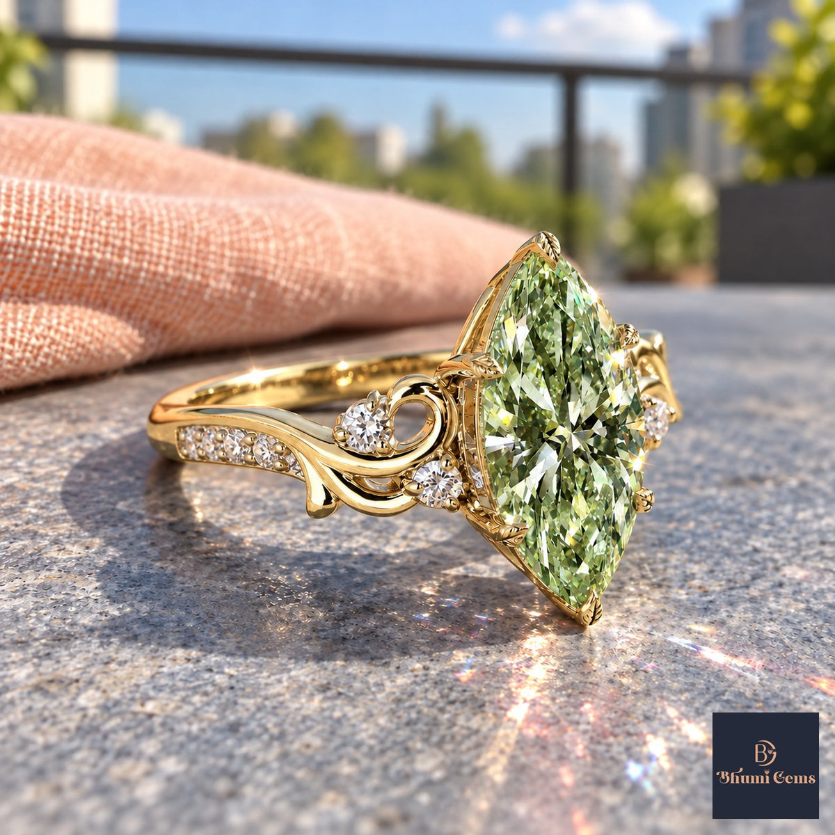 Green Marquise Cut Lab Grown Diamond Engagement Ring - Vintage Scroll in yellow gold, side view