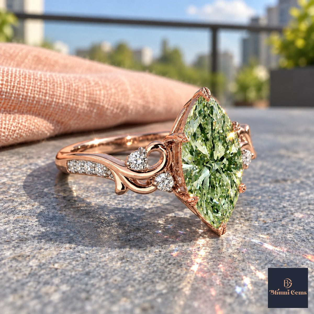 Green Marquise Cut Lab Grown Diamond Engagement Ring - Vintage Scroll in rose gold, side view