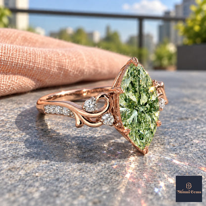Green Marquise Cut Lab Grown Diamond Engagement Ring - Vintage Scroll in rose gold, side view