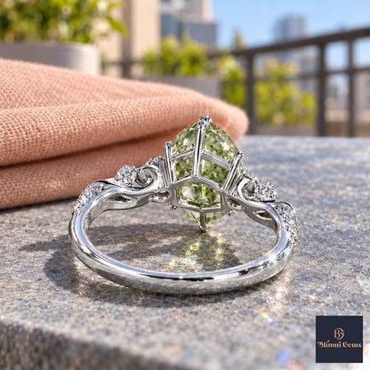 Green Marquise Cut Lab Grown Diamond Engagement Ring - Vintage Scroll in white gold, gallery view