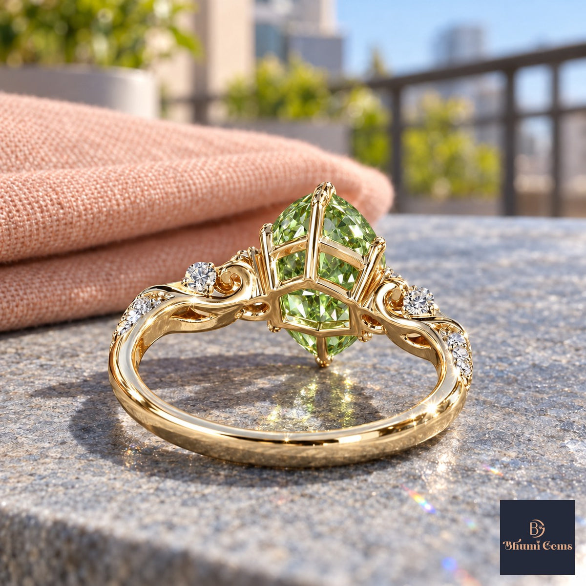 Green Marquise Cut Lab Grown Diamond Engagement Ring - Vintage Scroll in yellow gold, gallery view