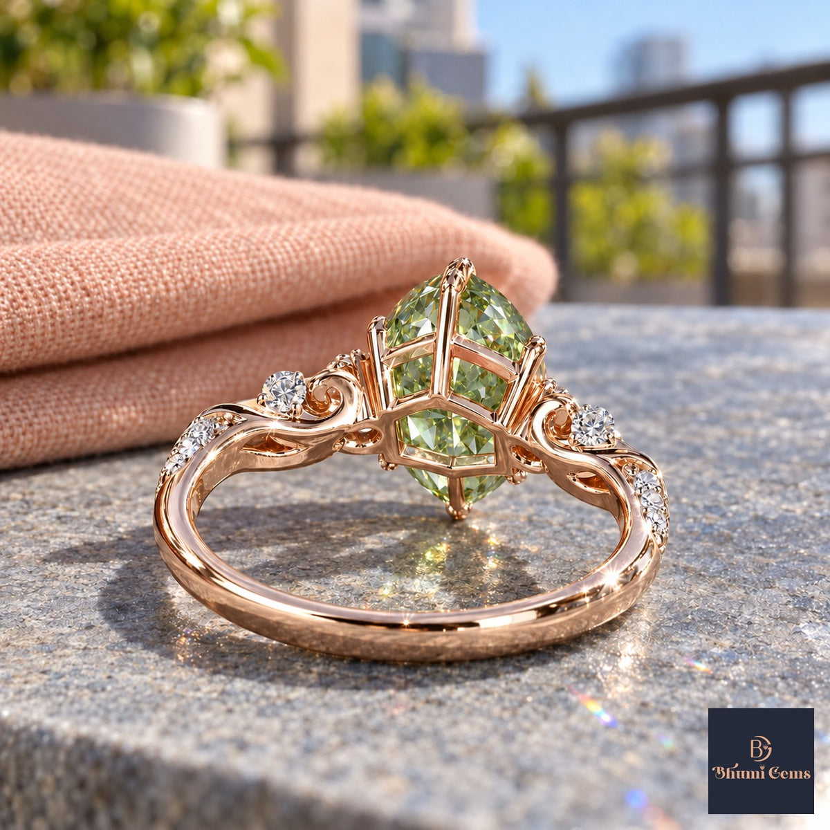 Green Marquise Cut Lab Grown Diamond Engagement Ring - Vintage Scroll in rose gold, gallery view