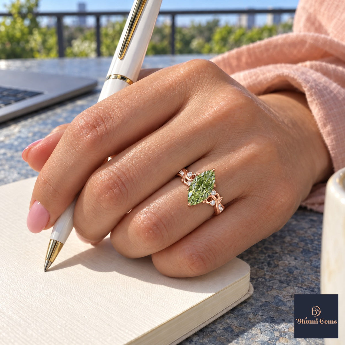 Green Marquise Cut Lab Grown Diamond Engagement Ring - Vintage Scroll in rose gold, on the hand