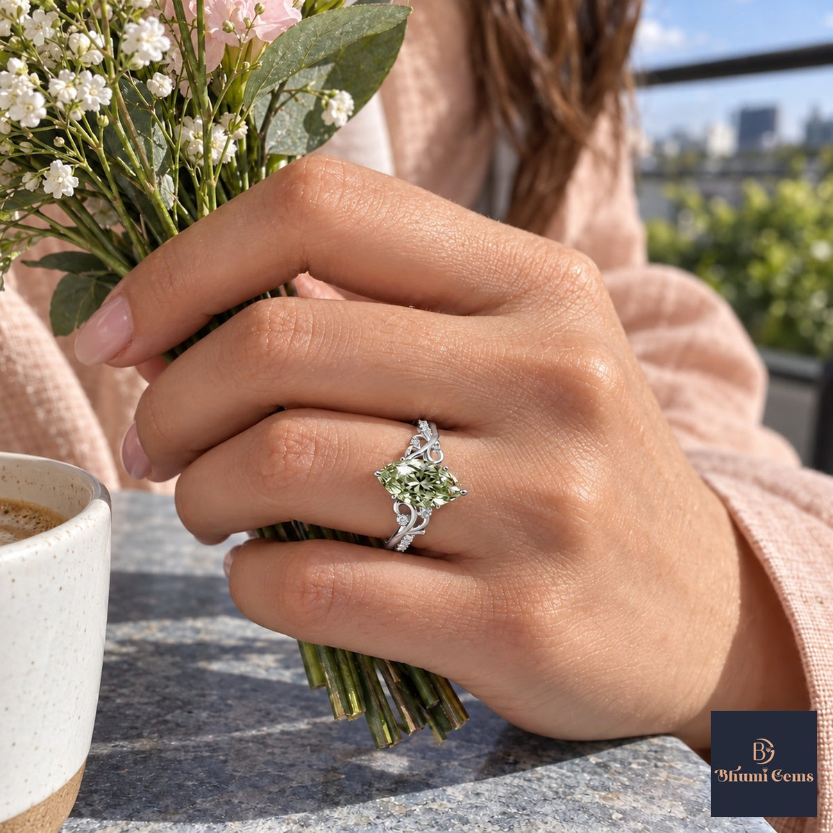 Green Marquise Cut Lab Grown Diamond Engagement Ring - Vintage Scroll in white gold, worn on the hand