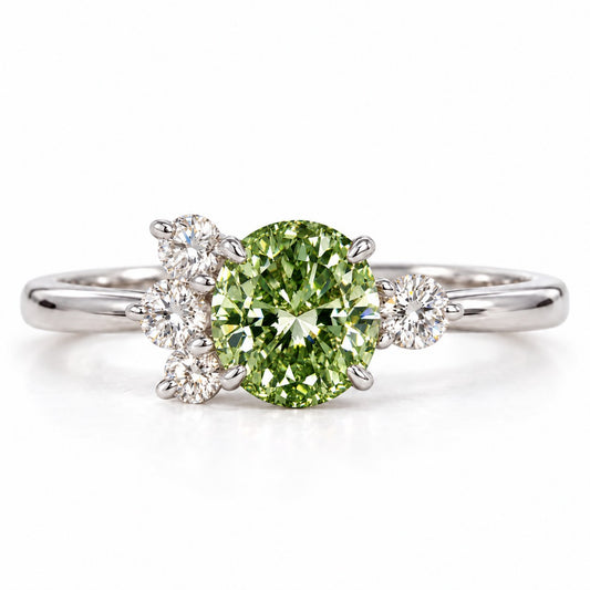 Green Oval Cut Lab Grown Diamond Engagement Ring - Asymmetric Cluster in white gold, front view