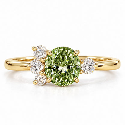 Green Oval Cut Lab Grown Diamond Engagement Ring - Asymmetric Cluster in yellow gold, front view
