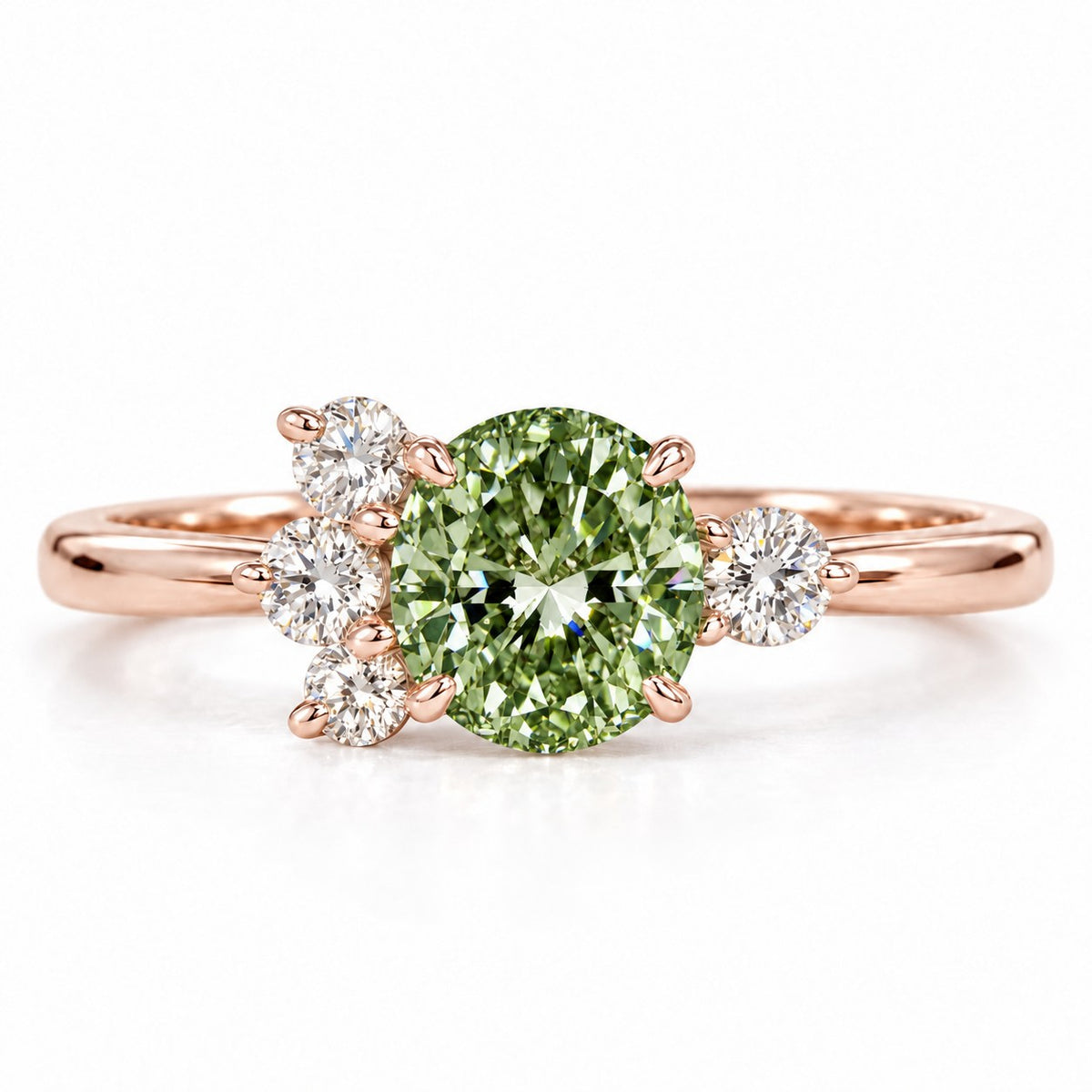 Green Oval Cut Lab Grown Diamond Engagement Ring - Asymmetric Cluster in rose gold, front view