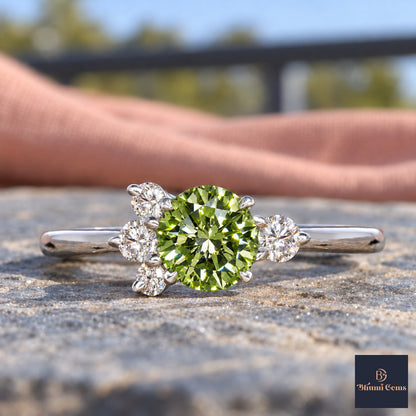 Green Oval Cut Lab Grown Diamond Engagement Ring - Asymmetric Cluster in white gold, close-up