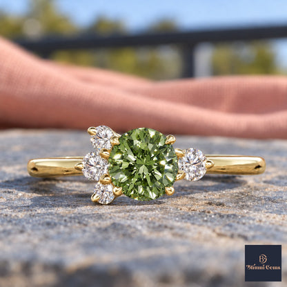 Green Oval Cut Lab Grown Diamond Engagement Ring - Asymmetric Cluster in yellow gold, close-up