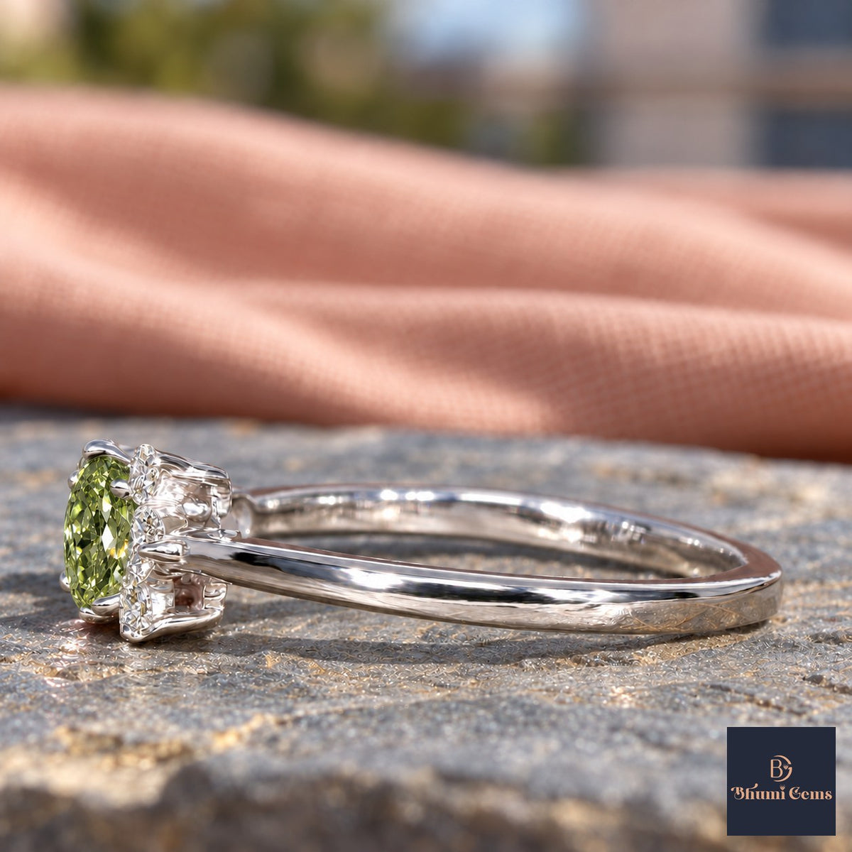 Green Oval Cut Lab Grown Diamond Engagement Ring - Asymmetric Cluster in white gold, side view
