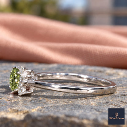 Green Oval Cut Lab Grown Diamond Engagement Ring - Asymmetric Cluster in white gold, side view