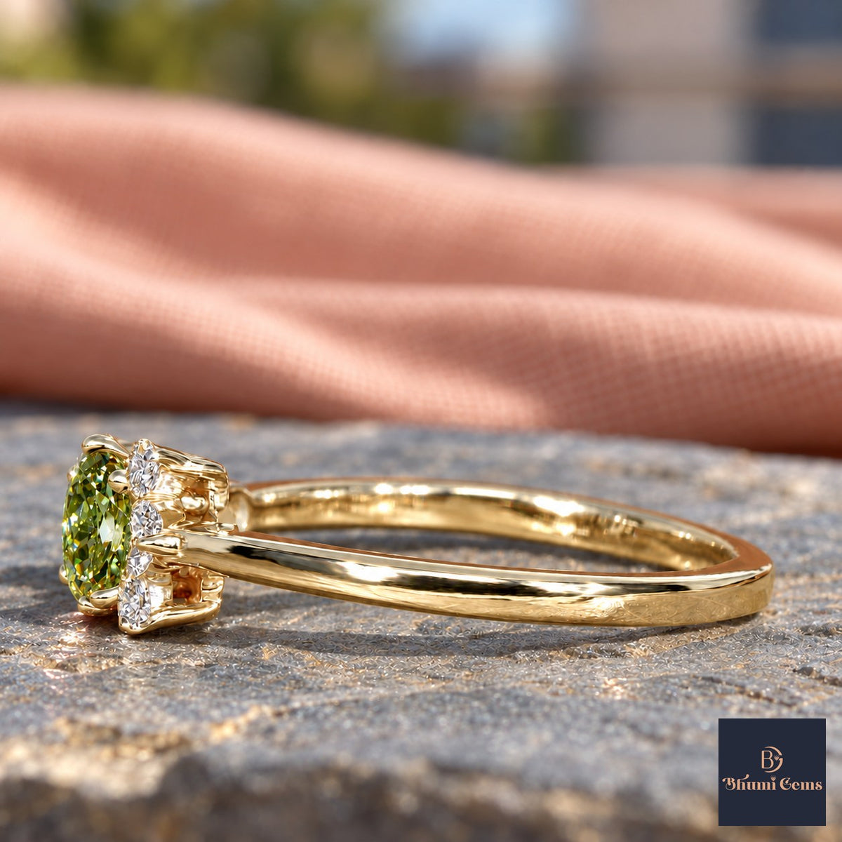 Green Oval Cut Lab Grown Diamond Engagement Ring - Asymmetric Cluster in yellow gold, side view