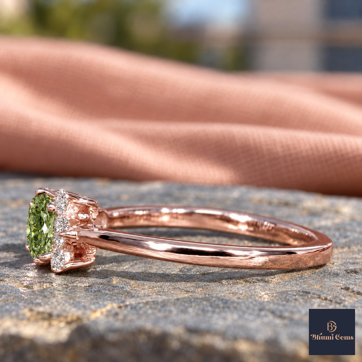 Green Oval Cut Lab Grown Diamond Engagement Ring - Asymmetric Cluster in rose gold, side view