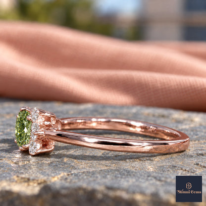 Green Oval Cut Lab Grown Diamond Engagement Ring - Asymmetric Cluster in rose gold, side view
