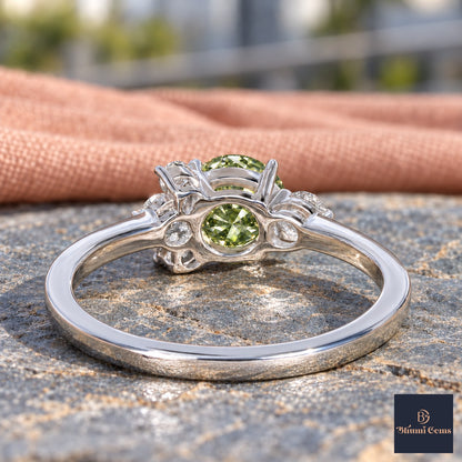 Green Oval Cut Lab Grown Diamond Engagement Ring - Asymmetric Cluster in white gold, gallery view