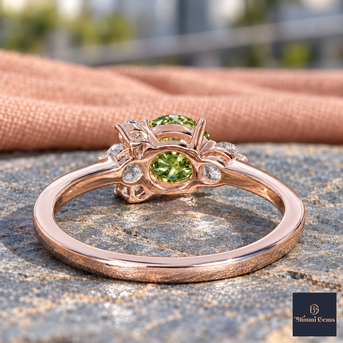 Green Oval Cut Lab Grown Diamond Engagement Ring - Asymmetric Cluster in rose gold, gallery view