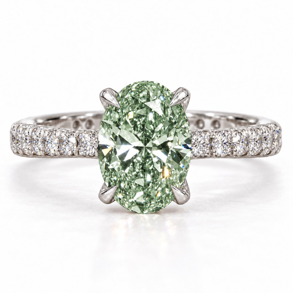 Green Oval Cut Lab Grown Diamond Engagement Ring - Cathedral Pave Band in white gold, front view