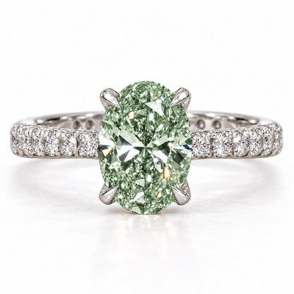 Green Oval Cut Lab Grown Diamond Engagement Ring - Cathedral Pave Band in white gold, front view