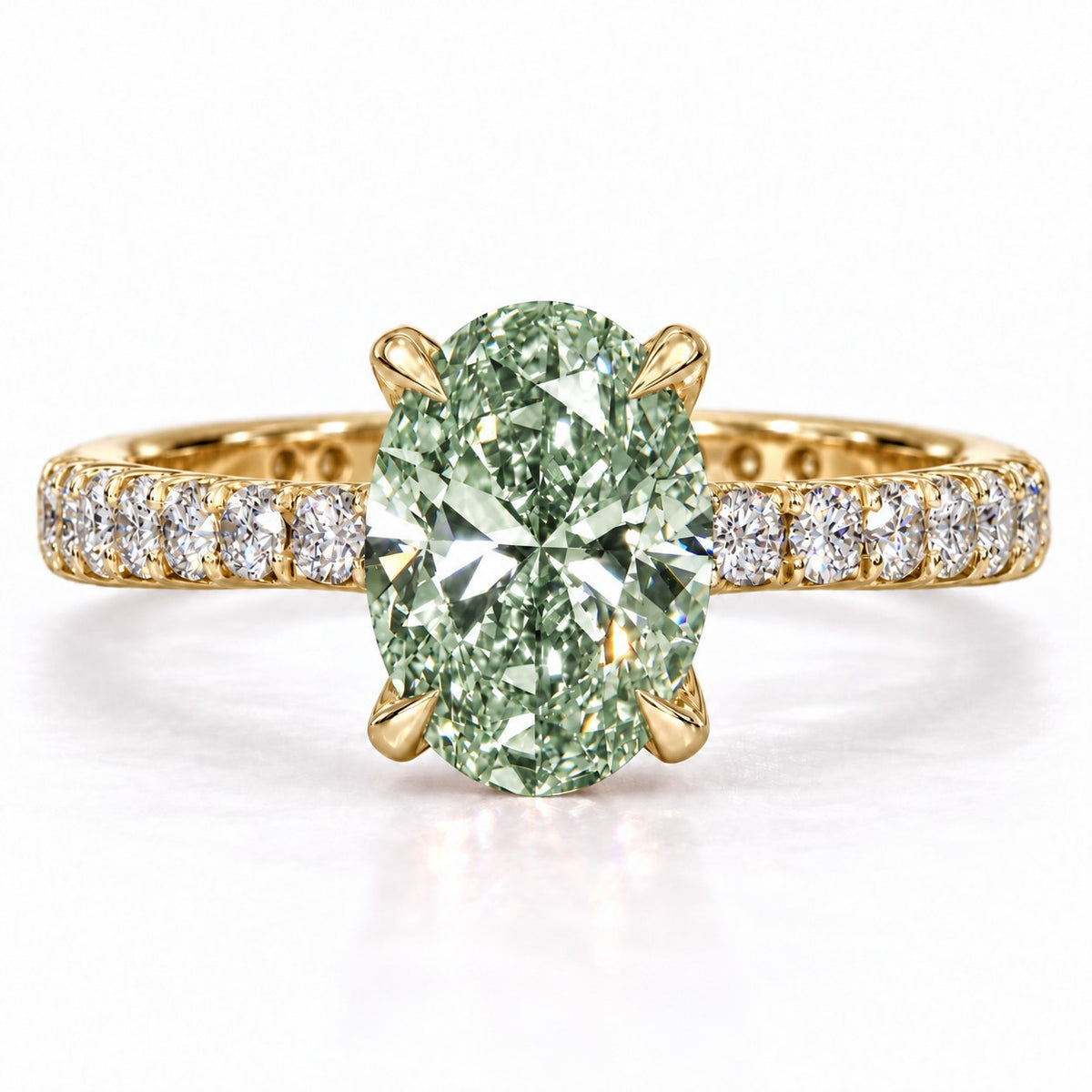 Green Oval Cut Lab Grown Diamond Engagement Ring - Cathedral Pave Band in yellow gold, front view