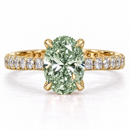 Green Oval Cut Lab Grown Diamond Engagement Ring - Cathedral Pave Band in yellow gold, front view