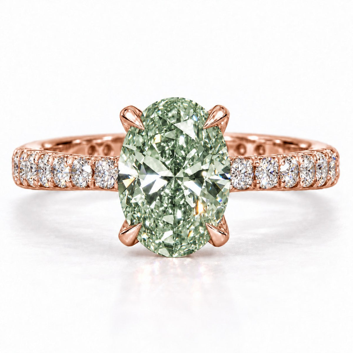Green Oval Cut Lab Grown Diamond Engagement Ring - Cathedral Pave Band in rose gold, front view