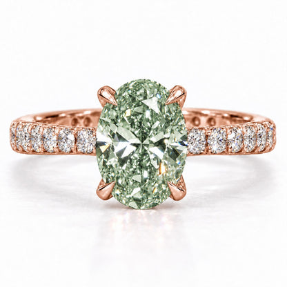 Green Oval Cut Lab Grown Diamond Engagement Ring - Cathedral Pave Band in rose gold, front view